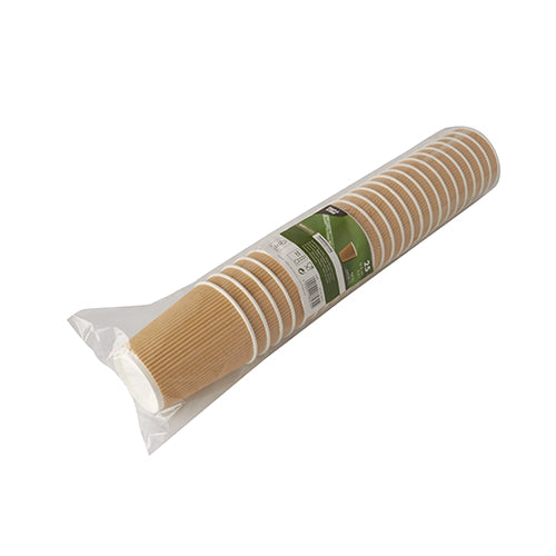 A sealed package of 25 PAPSTAR drinking cups, paper "To Go" Ripple Wall from PAPSTAR GmbH contains brown cups with a white rim and green-white label - ideal as practical disposable drinking cups for gatherings.