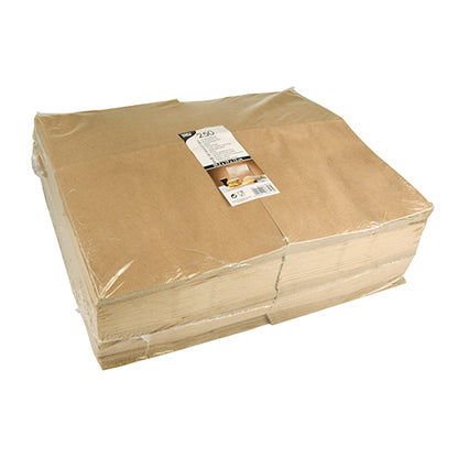 A stack of PAPSTAR 250 block bottom bags made of brown kraft paper from PAPSTAR GmbH, neatly shrink-wrapped in clear plastic and provided with a white-black label with all important product information.