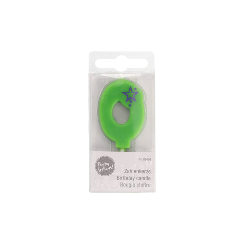 The green mini number candle by PAPSTAR GmbH with a diameter of 6.8 cm and the number zero has a purple star design and is delivered in a transparent box with the multilingual inscription "Birthday Candle" – ideal for your birthday decoration.