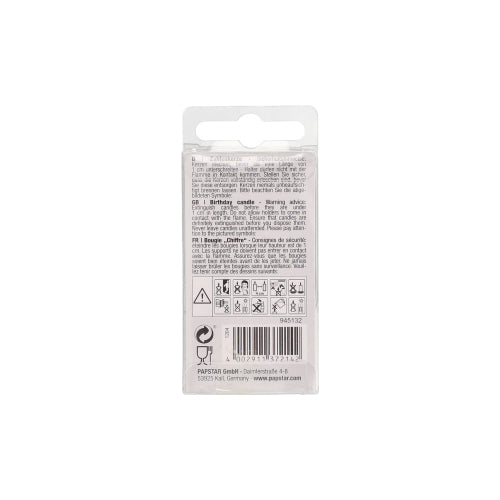 The rear view of the PAPSTAR number candle, Mini 6.8 cm by PAPSTAR GmbH, shows a transparent plastic packaging with text, safety symbols, barcode, and multilingual instructions – ideal for your birthday decoration.