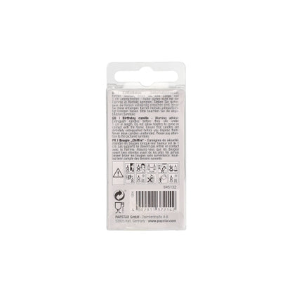 The rear view of the PAPSTAR number candle, Mini 6.8 cm by PAPSTAR GmbH, shows a transparent plastic packaging with text, safety symbols, barcode, and multilingual instructions – ideal for your birthday decoration.