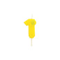 The number candle Mini 6.8 cm by PAPSTAR GmbH is a yellow candle with the number one and a green star on top, white wick, and stick at the bottom – ideal for your birthday decoration.