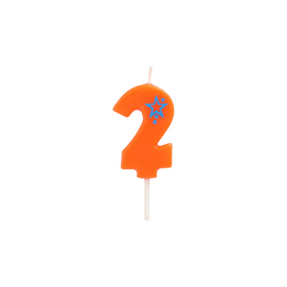 The number candle Mini 6.8 cm by PAPSTAR GmbH is an orange candle with the number 2, two blue stars at the top right, and a white stick – ideal for decorating your birthday cake against a plain white background.