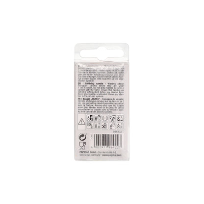 A small plastic packaging from the back with multilingual instructions, safety symbols, and a barcode. The white-transparent packaging with a hanging hole is for the PAPSTAR number candle Mini 6.8 cm by PAPSTAR GmbH – ideal for birthday cakes.