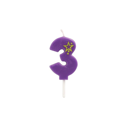 The PAPSTAR number candle Mini 6.8 cm by PAPSTAR GmbH is a purple candle with the number three and yellow stars, a white wick, and a white plastic stick for easy decorating of a birthday cake.