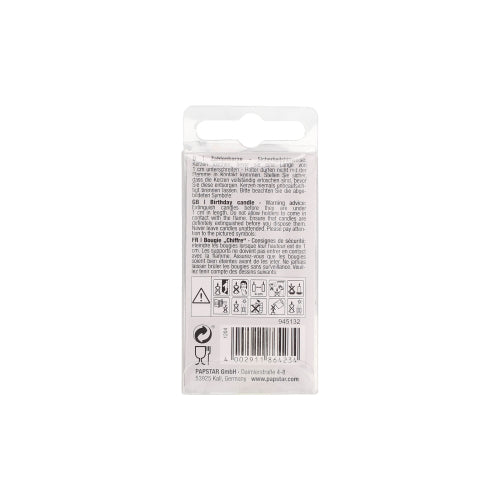 The image shows the back of a PAPSTAR number candle Mini 6.8 cm by PAPSTAR GmbH with black notes, warnings, symbols, barcode, and recycling information on a white packaging with a hanging tab at the top edge.