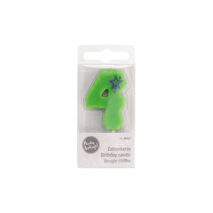 The PAPSTAR number candle Mini 6.8 cm by PAPSTAR GmbH presents the green number 4 with purple star motif – ideal for decorating any birthday cake. The delivery comes in a transparent plastic packaging with multilingual labeling.