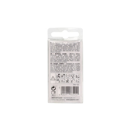 The image shows the back of a PAPSTAR number candle, Mini 6.8 cm packaging from PAPSTAR GmbH, with multilingual product information, instructions, warnings, safety symbols, and a barcode – ideal as a birthday cake decoration.