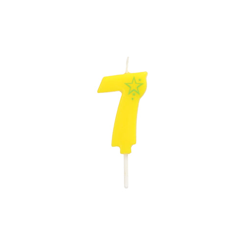 The number candle Mini 6.8 cm from PAPSTAR GmbH in yellow with a green star and attached to a white stick is an ideal cheerful decoration for any birthday cake.