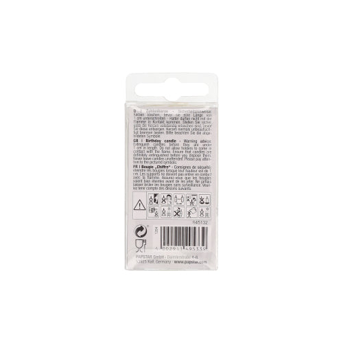 The back of the number candle Mini 6.8 cm from PAPSTAR GmbH is depicted and features black multilingual instructions, warnings, symbols, a barcode, a recycling symbol, and a hanging tab at the top.