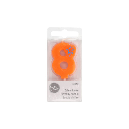 The number candle Mini 6.8 cm from PAPSTAR GmbH is an orange candle with the number 8 in a clear box with multilingual text and a blue star – ideal for birthday decoration.