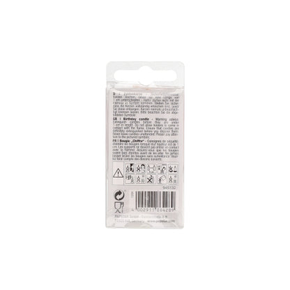 The image shows the back of a transparent plastic packaging for a number candle Mini 6.8 cm from PAPSTAR GmbH with a white label displaying text, safety symbols, barcode, and recycling information – ideal for birthday decoration. The small text is mostly illegible.
