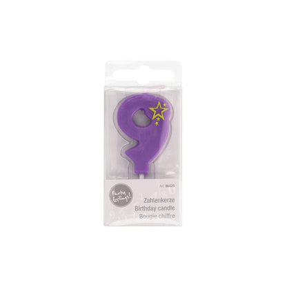 The number candle Mini 6.8 cm from PAPSTAR GmbH is a purple birthday candle with the number 9 and two yellow stars, ideal for birthday decoration, packaged in a clear box with labeling in German, English, and French.
