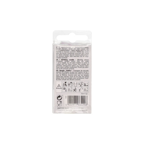The image shows the back of a PAPSTAR number candle Mini 6.8 cm packaging from PAPSTAR GmbH. The predominantly white packaging is equipped with instructions, safety warnings, symbols, barcode, and black print - ideal for birthday decoration.