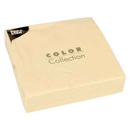 A sealed beige pack of napkins (50 pieces) from PAPSTAR GmbH, 2-ply, 1/4-fold, 40 x 40 cm from the Color Collection, with a small logo at the top left and simple packaging with neatly stacked napkins.