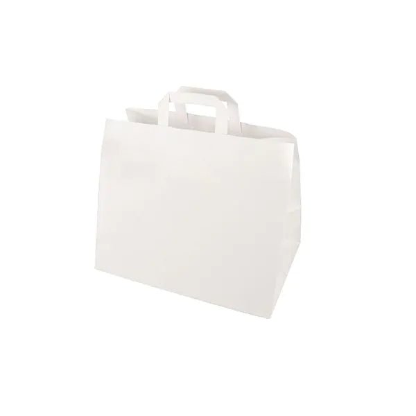A PAPSTAR 50 carrier bag of PAPSTAR GmbH made of paper with rectangular sides and two flat handles stands upright on a white background.