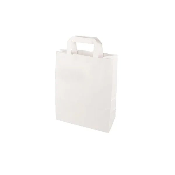 A PAPSTAR GmbH carrier bag made of white paper with a flat handle from the set "PAPSTAR 50 carrier bags" stands upright against a white background.
