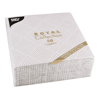 A package of 50 PAPSTAR napkins "ROYAL Collection", 1/4-fold, 40 x 40 cm, in gray from PAPSTAR GmbH. The napkins are stacked and neatly packed in a clear package with the PAPSTAR logo on top.