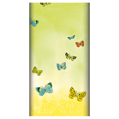 The PAPSTAR Airlaid tablecloth "Papillons" (120x180 cm) from PAPSTAR GmbH is characterized by a gentle yellow-green gradient, blue, yellow, and orange butterfly illustrations, and a white dot pattern at the bottom edge.