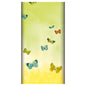 The PAPSTAR Airlaid tablecloth "Papillons" (120x180 cm) from PAPSTAR GmbH is characterized by a gentle yellow-green gradient, blue, yellow, and orange butterfly illustrations, and a white dot pattern at the bottom edge.