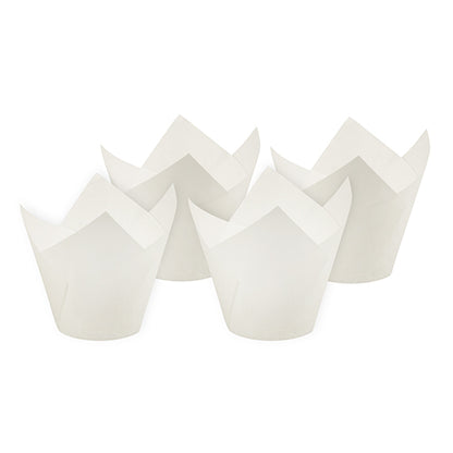 Four white PAPSTAR baking molds "Tulip" (Ø 5 cm, 8.5 cm) from PAPSTAR GmbH are grouped in front of a simple white background. Ideal for baking, available in packs of 200 pieces.