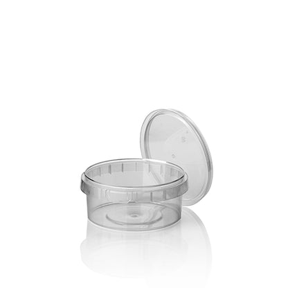 The Starpak 36 deli cup is a clear, round 240 ml PP container (Ø 9.5 cm, height 5.6 cm) with a tamper-evident seal and shrink wrap, shown open with the matching, side-tilted lid on a white background.