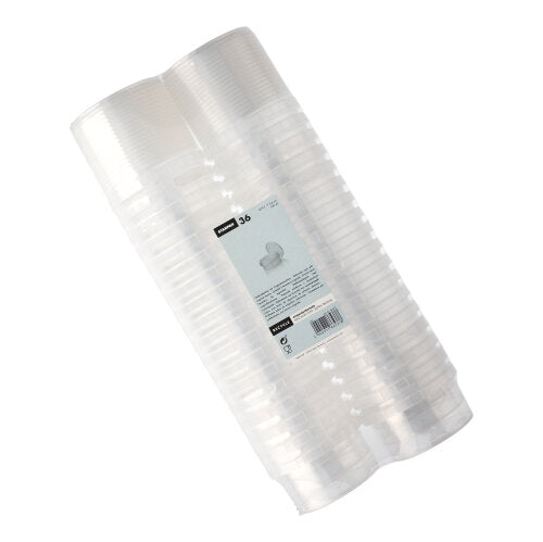 A pack of 36 Starpak deli cups made of clear polypropylene (240 ml, Ø 9.5 cm, 5.6 cm) with tamper-proof lid, wrapped in shrink wrap and labeled in the middle.