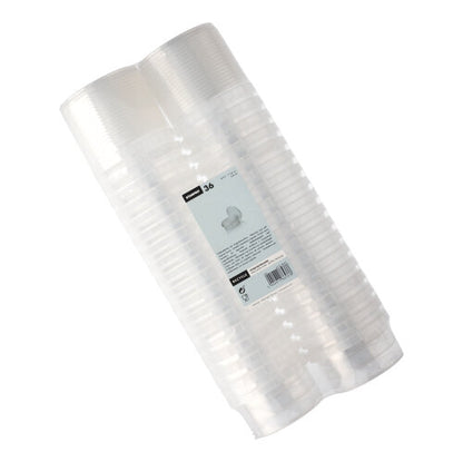 A pack of 36 Starpak deli cups made of clear polypropylene (240 ml, Ø 9.5 cm, 5.6 cm) with tamper-proof lid, wrapped in shrink wrap and labeled in the middle.