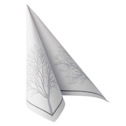 A white napkin PAPSTAR 50 napkins "ROYAL Collection" 40x40 cm, folded in a triangle, with a subtle gray border and a printed gray outline of a leafless tree from PAPSTAR GmbH.