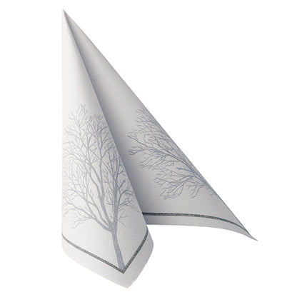 A white napkin PAPSTAR 50 napkins "ROYAL Collection" 40x40 cm, folded in a triangle, with a subtle gray border and a printed gray outline of a leafless tree from PAPSTAR GmbH.