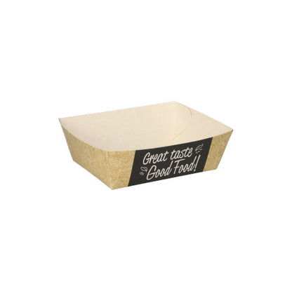A brown PAPSTAR 50 French fries tray "pure" (3.5 cm x 7 cm) from PAPSTAR GmbH is equipped with a side label in chalkboard style, which reads "Good Food!". The empty tray is depicted on a simple white background.