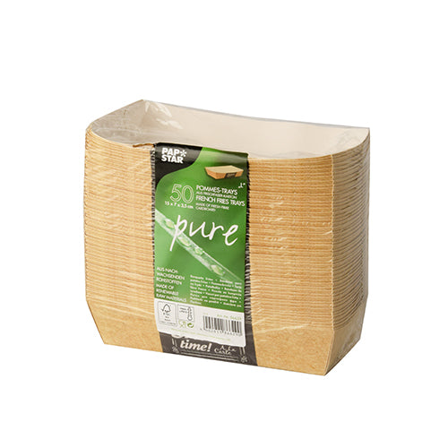 A stack of 50 PAPSTAR "pure" Good Food French fries trays (3.5 x 7 cm) from PAPSTAR GmbH is wrapped in foil and labeled with brand, product details, dimensions, and environmental symbols.