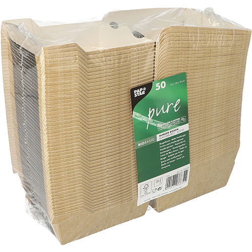 A stack of 50 rectangular brown PAPSTAR "pure" burger boxes of PAPSTAR GmbH, ideal as sustainable packaging, is packed in clear plastic with a green label with product and recycling information.