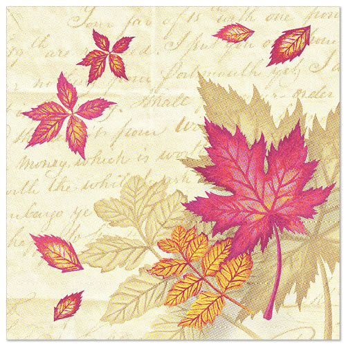Illustration von roten, orangefarbenen und gelben Herbstblättern auf beigefarbenem Hintergrund mit schwacher Schreibschrift - ein Design, das von der "ROYAL Collection" 50 Servietten 1/4-Falz der PAPSTAR GmbH inspiriert ist (40 x 40 cm). Einige Blätter sind lebhaft, andere gedämpft.