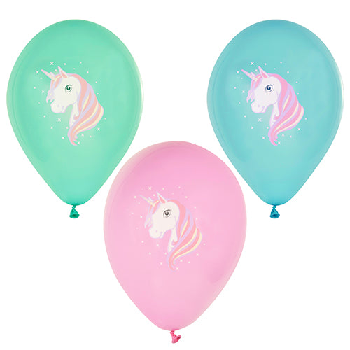 PAPSTAR 6 balloons colorfully assorted Ø 29 cm from PAPSTAR GmbH: Contains green, blue, and pink balloons, each with a white unicorn with a pastel rainbow mane and white stars around the head.