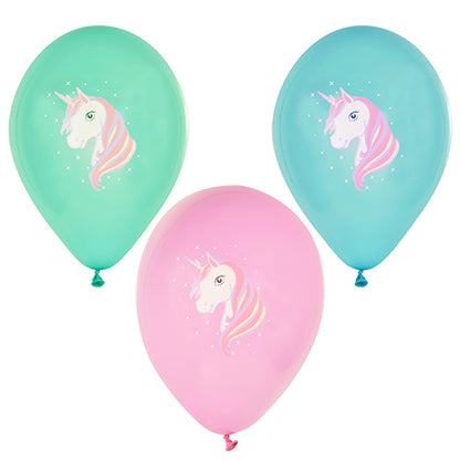 PAPSTAR 6 balloons colorfully assorted Ø 29 cm from PAPSTAR GmbH: Contains green, blue, and pink balloons, each with a white unicorn with a pastel rainbow mane and white stars around the head.