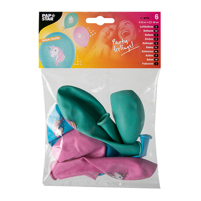 A transparent plastic package with six colorful balloons (Ø 29 cm) from PAPSTAR GmbH with unicorn print. The top label shows "PAPSTAR" as well as images of balloons and smiling people. Available in blue, green, and pink.