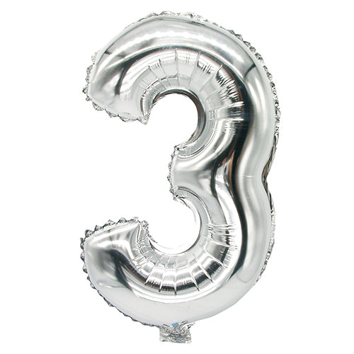 The PAPSTAR foil balloon 35 cm x 20 cm silver from PAPSTAR GmbH is a silver balloon with the number three, presented against a simple white background and ideal for festive decorations.