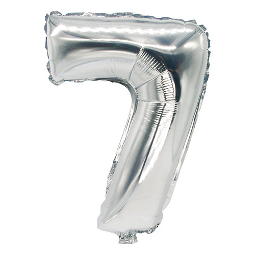 The PAPSTAR foil balloon 35 cm x 20 cm in elegant silver from PAPSTAR GmbH in the shape of the number seven stands out visually from the white background – ideal for chic decoration at any celebration.