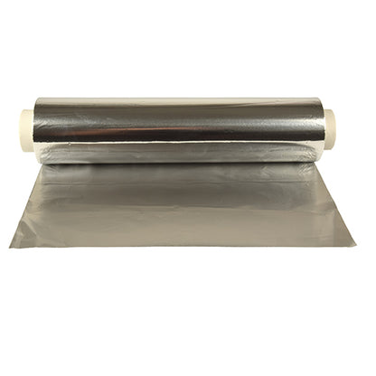 A roll of Starpak loose aluminum foil by Starpak, partially unrolled to reveal the shiny metal foil on a white surface – ideal for food packaging.