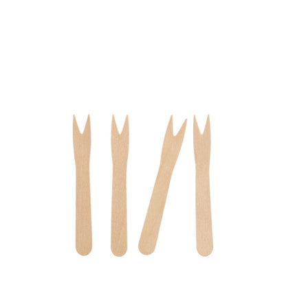 Four PAPSTAR wooden French fry forks "pure", 8.5 cm, with two prongs stand upright on a white background - ideal as a 50-pack available in a bag from PAPSTAR GmbH.