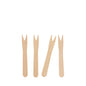 Four PAPSTAR wooden French fry forks "pure", 8.5 cm, with two prongs stand upright on a white background - ideal as a 50-pack available in a bag from PAPSTAR GmbH.