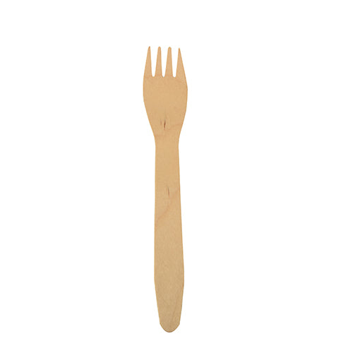A PAPSTAR wooden fork "pure" (16.5 cm), an environmentally friendly and stable cutlery from PAPSTAR GmbH, lies centrally on a white background. The fork is part of a set with 500 pieces in the box.