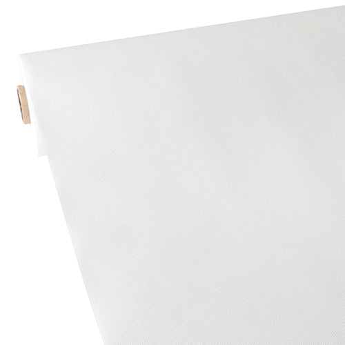 The Starpak tablecloth, fabric-like fleece "soft selection" (40 m x 1.18 m) in white is partially unrolled, showing its smooth, light structure and the visible cardboard core.