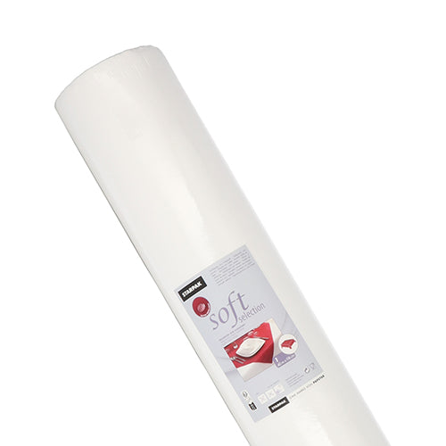 A large white Starpak tablecloth, fabric-like fleece "Soft Selection" (40 m x 1.18 m), is shown upright with a label featuring dinner plates, indicating it as ideal for use in the catering industry.