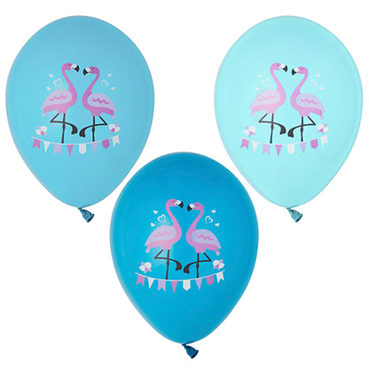 The set from PAPSTAR GmbH includes 6 colorfully assorted balloons (Ø 29 cm) each with two pink flamingos with hearts, flowers, and a pennant chain.