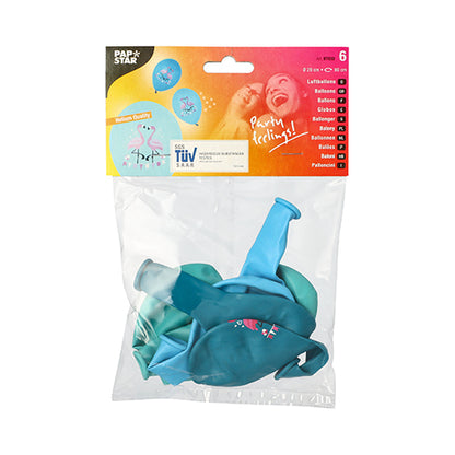 In a transparent plastic bag from PAPSTAR GmbH, there are six colorfully assorted balloons (Ø 29 cm), each with flamingo motifs in blue and green. The packaging shows a PAPSTAR label, product information, and at the top right, a picture of two smiling people.