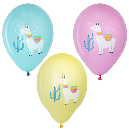 PAPSTAR 6 balloons colorfully assorted Ø 29 cm from PAPSTAR GmbH: assorted blue, yellow, and pink balloons with a white llama in a colorful blanket next to a cactus, surrounded by stars.