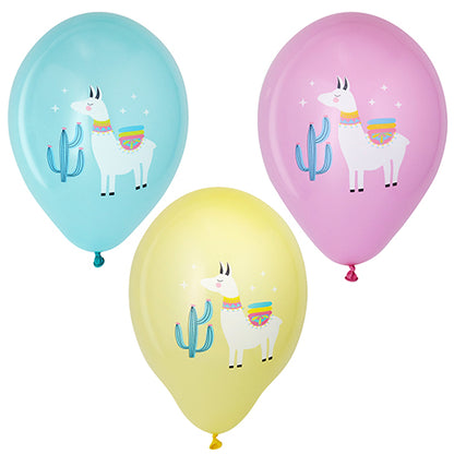 PAPSTAR 6 balloons colorfully assorted Ø 29 cm from PAPSTAR GmbH: assorted blue, yellow, and pink balloons with a white llama in a colorful blanket next to a cactus, surrounded by stars.