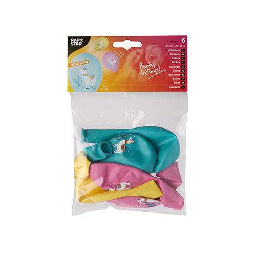 A package with six transparent balloons from PAPSTAR GmbH (29 cm) in yellow, pink, and blue-green, each with llama print. The top label is red-orange and bears the inscription "PAPSTAR" and "Party Feeling!" Product: PAPSTAR 6 balloons colorfully assorted.